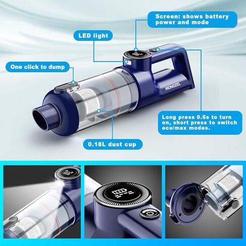 Handheld Vacuum Cordless - Car Vacuum Cleaner with Brushless Motor, 15kPa Powerful Suction Vacuum with LED Light, Type C Port, 2 Fliters, Portable Hand Vacuum for Home, Pet and Car in Kuwait