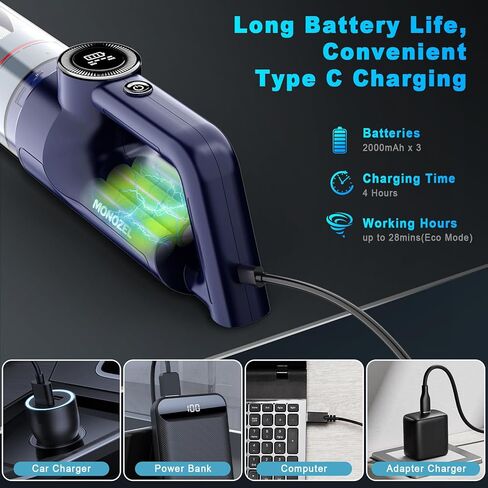 Handheld Vacuum Cordless - Car Vacuum Cleaner with Brushless Motor, 15kPa Powerful Suction Vacuum with LED Light, Type C Port, 2 Fliters, Portable Hand Vacuum for Home, Pet and Car in Kuwait