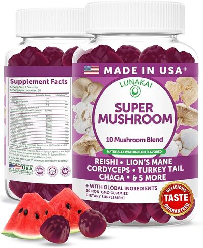 Lunakai USA Made Super Mushroom Gummies for Adults – 10-in-1 Adaptogenic Mushroom Supplement with Lion's Mane - Focus & Brain Support, 60ct in Kuwait