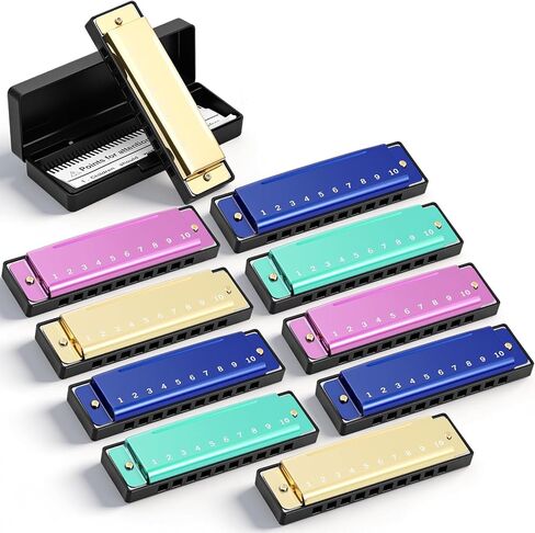 Boao 10 Pcs Harmonica Set Harmonica with Case 10 Hole 10 Tones Titanium Color Diatonic Chromatic Harmonicas Musical Mouth Organ for Beginner Students Professionals Adults Instruments Gifts, 4 Colors in Kuwait