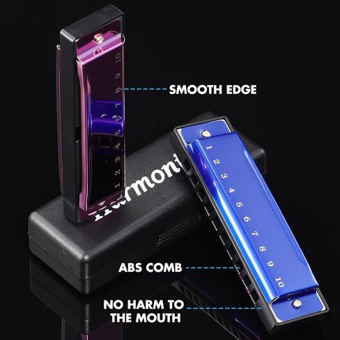 Boao 10 Pcs Harmonica Set Harmonica with Case 10 Hole 10 Tones Titanium Color Diatonic Chromatic Harmonicas Musical Mouth Organ for Beginner Students Professionals Adults Instruments Gifts, 4 Colors in Kuwait