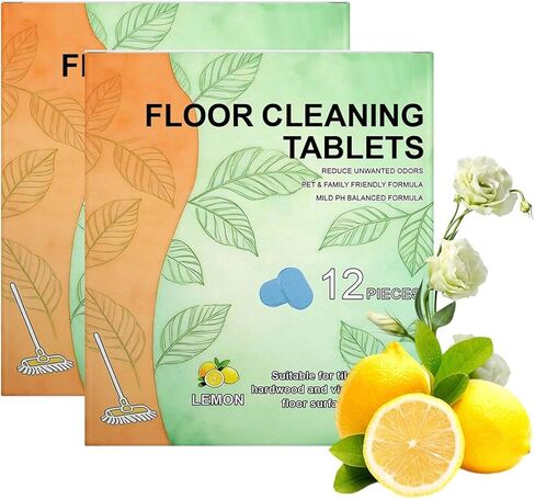 12pcs Floor Cleaner Tablets Hard Floor Cleaner Tablets, Pre-Measured Dissolvable Cleaning Solution for Tile, Vinyl, Hardwood, Fresh Lemon Scent, Compatible with Robot Mops & Wet/Dry Vacuums (24 PCS) in Saudi Arabia