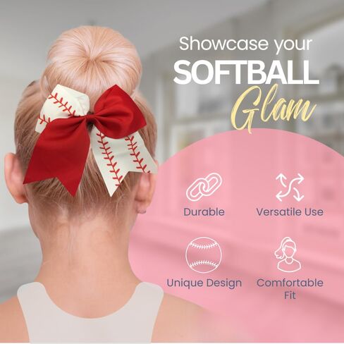 Sportybella - Baseball Stitch Hair Accessories for Girls - Red and White Softball Print Hair Bows, Ponytail Holders Gift Set - 6.5" in Saudi Arabia