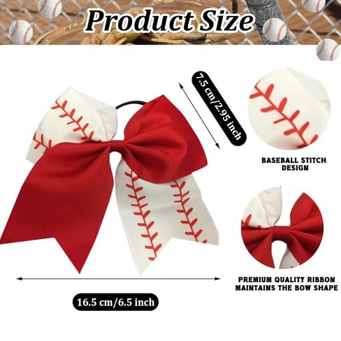 Sportybella - Baseball Stitch Hair Accessories for Girls - Red and White Softball Print Hair Bows, Ponytail Holders Gift Set - 6.5" in Saudi Arabia