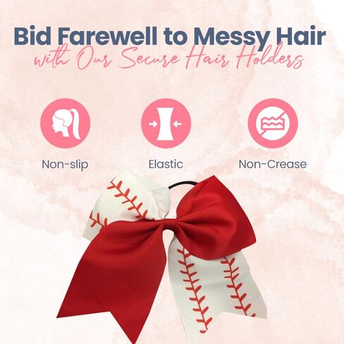 Sportybella - Baseball Stitch Hair Accessories for Girls - Red and White Softball Print Hair Bows, Ponytail Holders Gift Set - 6.5" in Saudi Arabia