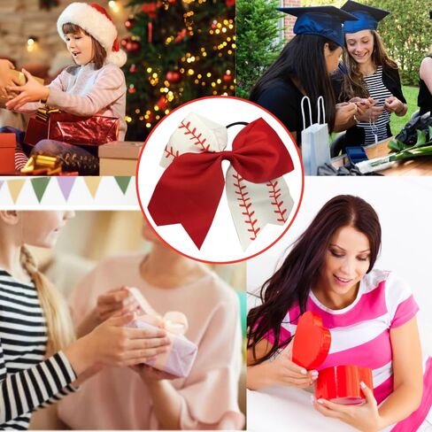 Sportybella - Baseball Stitch Hair Accessories for Girls - Red and White Softball Print Hair Bows, Ponytail Holders Gift Set - 6.5" in Saudi Arabia