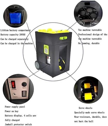 آلة كرات التنس، قاذفة كرات التنس الأوتوماتيكية، سعة 50 كرة، زاوية إطلاق قابلة للتعديل، تدريبات مبرمجة مسبقًا ومخصصة، للمبتدئين في التدريب الرياضي الفردي in Kuwait