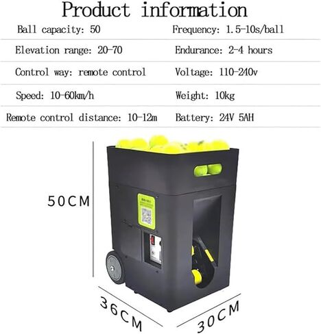 آلة كرات التنس، قاذفة كرات التنس الأوتوماتيكية، سعة 50 كرة، زاوية إطلاق قابلة للتعديل، تدريبات مبرمجة مسبقًا ومخصصة، للمبتدئين في التدريب الرياضي الفردي in Kuwait