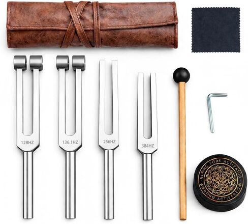 Tuning Fork Set for Meditation & Yoga，4 Frequency Set 128Hz 136.1Hz 256Hz 384Hz，Aluminum Alloy with Mallet & Leather Storage Bag in Saudi Arabia
