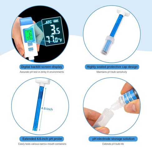 pH Meter for Water Digital pH Tester with 4.6in pH Probe Lab pH Gauge pH Reader with ATC for Canning Professional pH Temperature Test Kit for Narrow-Necked Bottle Solution Kombucha and Home Brewing in Saudi Arabia