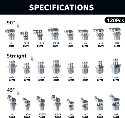 24Sizes Grease Fittings SAE Metric Grease Zerk Fitting Assortment Kit 1/4" 1/8" 5/16" 3/8" M6 M8 M10 M12 Straight 45 90 Degree Zerks Nipple in Saudi Arabia