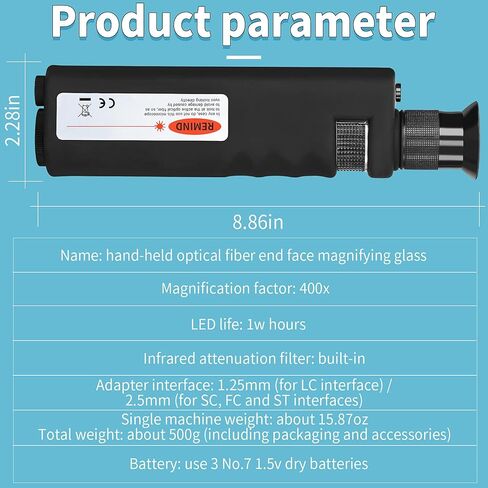3-Piece Fiber Optic Cleaning Tool 400X Fiber Optic Microscope with 2.5mm SC/FC/ST and 1.25mm LC adapters, Belt 2.5mm/1.25mm Fiber Optic Cleaning Cotton Swab Suitable for SC/FC/ST/LC/MU adapters in Kuwait