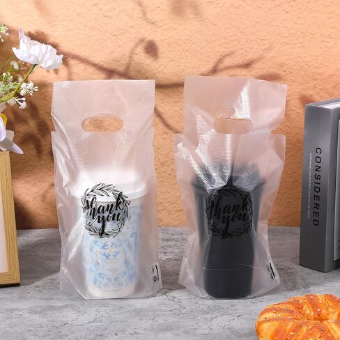 1000 Count Thank You Handle Drinking Bags 1 Cup Handle Drink Carriers Plastic Packaging Poly Bags for Delivery Take Out Cup Holder Beverage Coffee Juice Milk Tea Stores, 11 x 6.3 Inch in Saudi Arabia