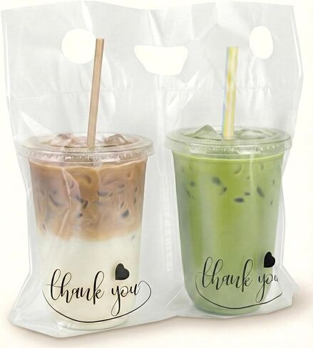 حقيبة حامل المشروبات - 100 قطعة حامل كوبين مع مقبض لسائقي التوصيل - حقيبة حامل أكواب سعة 32 أونصة للمشروبات - أكياس مشروبات بلاستيكية لتوصيل الطعام in Kuwait