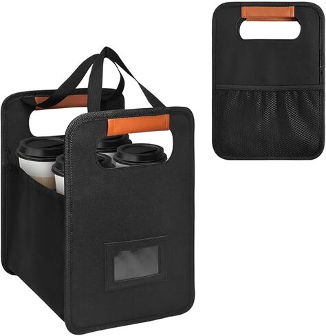 حامل مشروبات محمول 4 أكواب مع مقبض للسيارة، حامل أكواب قهوة معزول قابل لإعادة الاستخدام للتوصيل، علبة مشروبات قابلة للطي للمشروبات الساخنة والباردة (أسود-2) in Kuwait