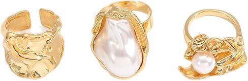 3/6 PCS Silver Chunky Pearl Rings Set for Women Gold Baroque Pearl Flower Open Ring Adjustable Crystal Large Ring Set Personalized Statement Knuckle Rings Fashion Costume Jewelry Accessories in Kuwait