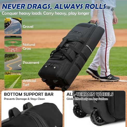 Rolling Baseball Bag with Wheels, Large Softball Catchers Gear Bags for 4 Bats, Team Equipment Duffle Bat Bag with Separate Shoe Compartment in Kuwait