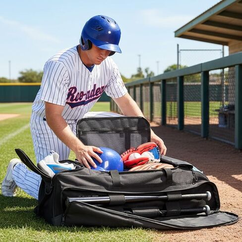 Rolling Baseball Bag with Wheels, Large Softball Catchers Gear Bags for 4 Bats, Team Equipment Duffle Bat Bag with Separate Shoe Compartment in Kuwait