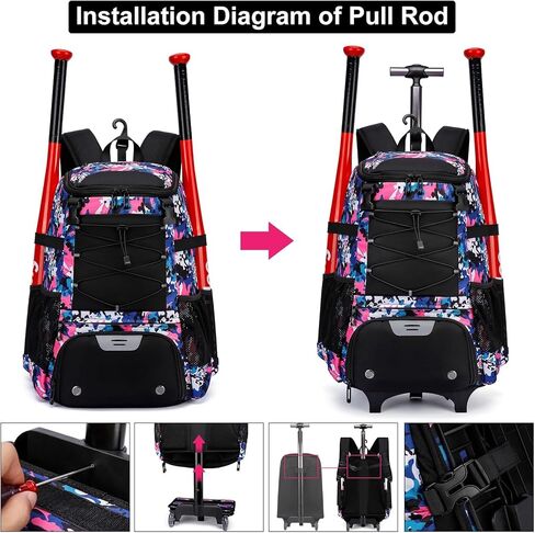 Softball Bag, Baseball Rolling Bat Bag - Wheeled for Youth Girls Adult, Lightweight Baseball Equipment Backpack with Shoe Compartment, Bat Backpack with Fence Hook for TBall Bat, Helmet in Kuwait