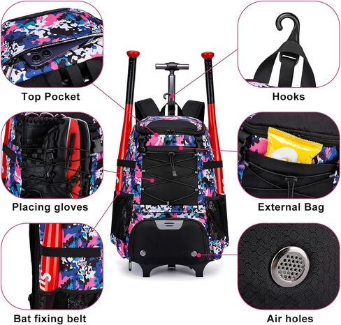 Softball Bag, Baseball Rolling Bat Bag - Wheeled for Youth Girls Adult, Lightweight Baseball Equipment Backpack with Shoe Compartment, Bat Backpack with Fence Hook for TBall Bat, Helmet in Kuwait