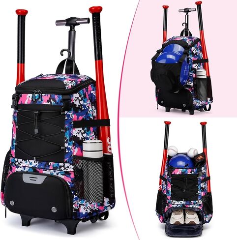 Softball Bag, Baseball Rolling Bat Bag - Wheeled for Youth Girls Adult, Lightweight Baseball Equipment Backpack with Shoe Compartment, Bat Backpack with Fence Hook for TBall Bat, Helmet in Kuwait
