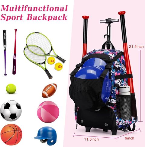 Softball Bag, Baseball Rolling Bat Bag - Wheeled for Youth Girls Adult, Lightweight Baseball Equipment Backpack with Shoe Compartment, Bat Backpack with Fence Hook for TBall Bat, Helmet in Kuwait