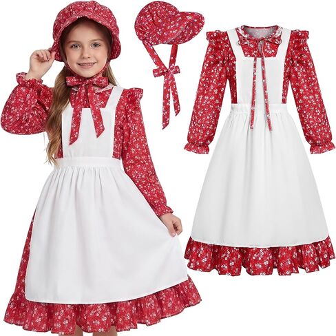 Pioneer Costume for Girls Colonial Costume Floral Prairie Dress with Bonnet in Kuwait