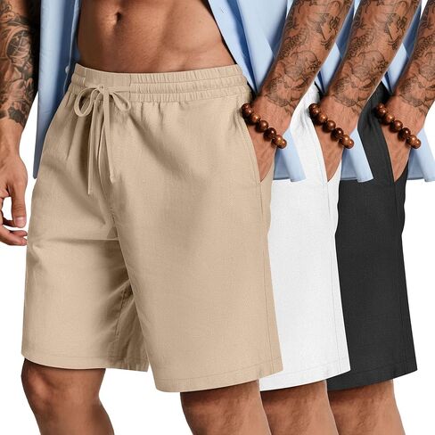 Neer 3 Pack Men's Cotton Linen Shorts Elastic Waist Drawstring Bermuda Shorts Summer Knee Length Beach Short with Pocket in Kuwait