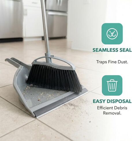 مجموعة مكنسة ذات شعيرات ناعمة ومجارف كومبو، مكنسة داخلية ذات مقبض طويل مع مجموعة مجرفة للمطبخ وغرفة المكتب الصلبة وجميع تنظيف الأرضيات المنزلية (رمادي) in Kuwait