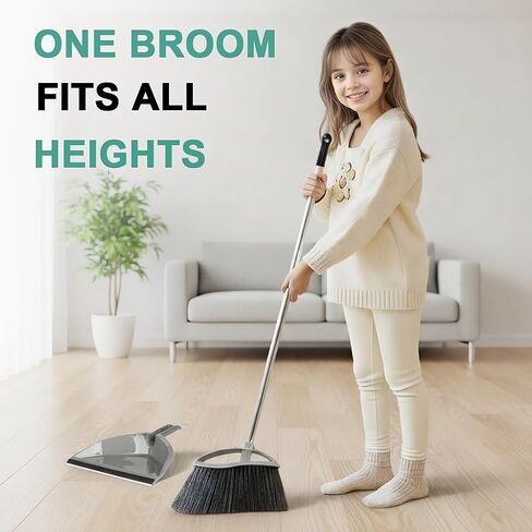 مجموعة مكنسة ذات شعيرات ناعمة ومجارف كومبو، مكنسة داخلية ذات مقبض طويل مع مجموعة مجرفة للمطبخ وغرفة المكتب الصلبة وجميع تنظيف الأرضيات المنزلية (رمادي) in Kuwait