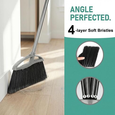 مجموعة مكنسة ذات شعيرات ناعمة ومجارف كومبو، مكنسة داخلية ذات مقبض طويل مع مجموعة مجرفة للمطبخ وغرفة المكتب الصلبة وجميع تنظيف الأرضيات المنزلية (رمادي) in Kuwait