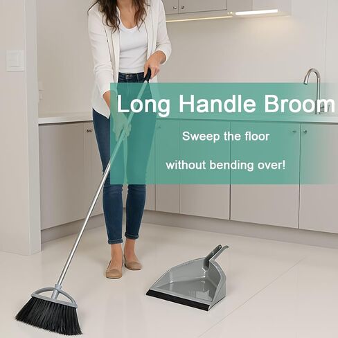 مجموعة مكنسة ذات شعيرات ناعمة ومجارف كومبو، مكنسة داخلية ذات مقبض طويل مع مجموعة مجرفة للمطبخ وغرفة المكتب الصلبة وجميع تنظيف الأرضيات المنزلية (رمادي) in Kuwait