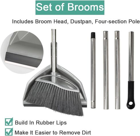 مجموعة مكنسة ذات شعيرات ناعمة ومجارف كومبو، مكنسة داخلية ذات مقبض طويل مع مجموعة مجرفة للمطبخ وغرفة المكتب الصلبة وجميع تنظيف الأرضيات المنزلية (رمادي) in Kuwait