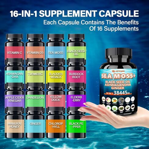 Ashwagandha Sea Moss Capsules with Black Seed Oil, Ginger & Turmeric – 16 in 1 Herbal Complex with Irish Sea Moss, Apple Cider Vinegar, Burdock, Bladderwrack, Vitamin C & D3 – 120 Capsules in Saudi Arabia