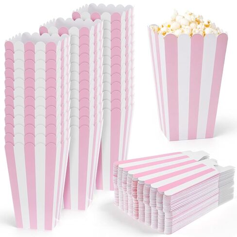 50 Pcs Pink Popcorn Boxes, 2.7'' L x 4.7'' H Small Popcorn Bags with Pink and White Striped Paper Candy Containers for Shops, Cinemas, Movie Night, Parties, Festivals in Saudi Arabia