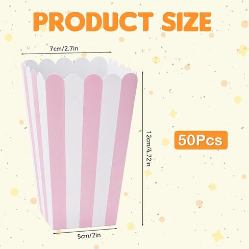50 Pcs Pink Popcorn Boxes, 2.7'' L x 4.7'' H Small Popcorn Bags with Pink and White Striped Paper Candy Containers for Shops, Cinemas, Movie Night, Parties, Festivals in Saudi Arabia