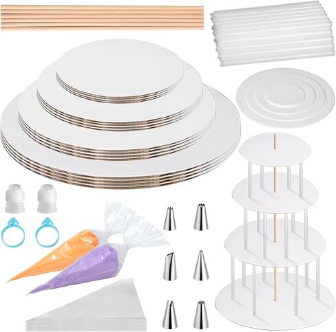 Cake Tier Stacking Kit for 4-Layer Cake, White Cake Boards 10’’-8’’-6’’-4’’ with Parchment Paper Rounds, Wooden Dowels, Straw Dowels for Baking, Wedding, Birthday in Kuwait