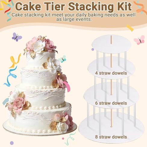 Cake Tier Stacking Kit for 4-Layer Cake, White Cake Boards 10’’-8’’-6’’-4’’ with Parchment Paper Rounds, Wooden Dowels, Straw Dowels for Baking, Wedding, Birthday in Kuwait