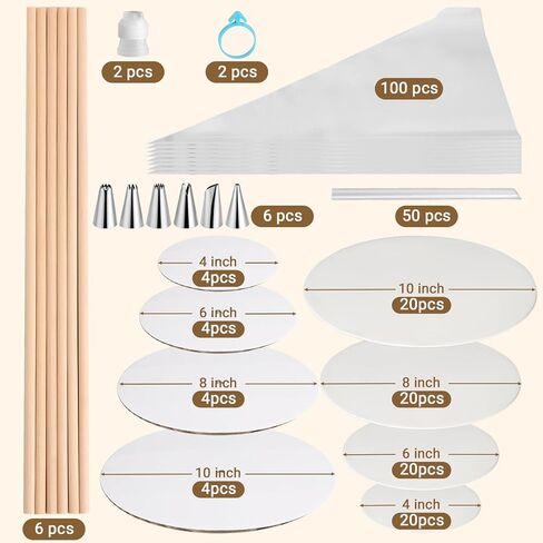 Cake Tier Stacking Kit for 4-Layer Cake, White Cake Boards 10’’-8’’-6’’-4’’ with Parchment Paper Rounds, Wooden Dowels, Straw Dowels for Baking, Wedding, Birthday in Kuwait
