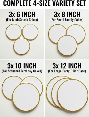 12 عبوة من ألواح الكيك المستديرة المتنوعة (6، 8، 10، 12 بوصة)، قواعد كيك من الورق المقوى الأبيض القوي بسمك 3 مم، دوائر كيك مقاومة للدهون ومقاومة للماء للكعك المتدرج وأعياد الميلاد والخبز متعدد الأحجام (3 من كل واحدة) in Kuwait