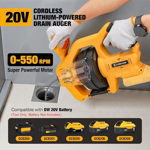 Cordless Drain Auger Compatible with De-walt 20V Battery, Auto-Feed Plumbing Drain Snake with 23.62FT Replaceable Cable, Drain Clog Cleaner Tool for Sink, Toilet, Bathtub, Sewer (Battery Not Included) in Kuwait