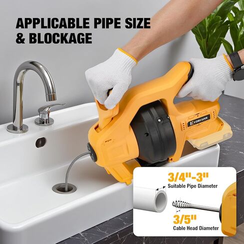 Cordless Drain Auger Compatible with De-walt 20V Battery, Auto-Feed Plumbing Drain Snake with 23.62FT Replaceable Cable, Drain Clog Cleaner Tool for Sink, Toilet, Bathtub, Sewer (Battery Not Included) in Kuwait