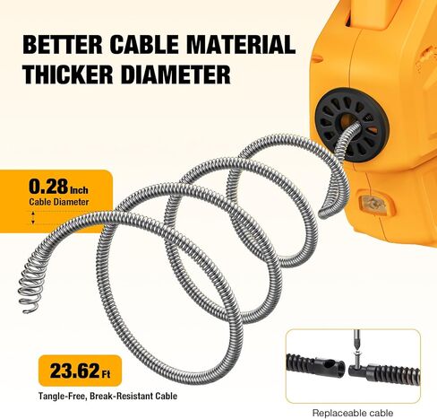 Cordless Drain Auger Compatible with De-walt 20V Battery, Auto-Feed Plumbing Drain Snake with 23.62FT Replaceable Cable, Drain Clog Cleaner Tool for Sink, Toilet, Bathtub, Sewer (Battery Not Included) in Kuwait