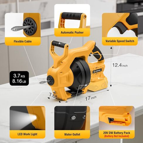 Cordless Drain Auger Compatible with De-walt 20V Battery, Auto-Feed Plumbing Drain Snake with 23.62FT Replaceable Cable, Drain Clog Cleaner Tool for Sink, Toilet, Bathtub, Sewer (Battery Not Included) in Kuwait