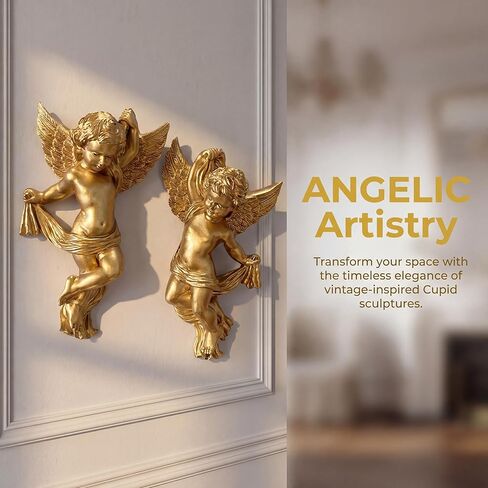 مجموعة عامة من 2 راتنج angel cherub جدار منحوتات الجدار زينة رائعتين لديكور الزفاف ألوان ذهبية متعددة ، ارتفاع 14.5 سم in Saudi Arabia