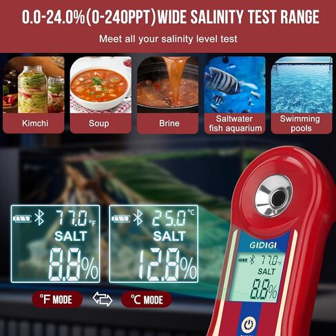 Digital Brix & Salinity Refractometer, Smart Sugar Test 0.0-60%,Salt Refractometer for Saltwater 0.0-24% with ATC,Portable Brix Tester Brix Meter for Fruit,Wine&Beer Brewing,Juice,Coffee in Kuwait