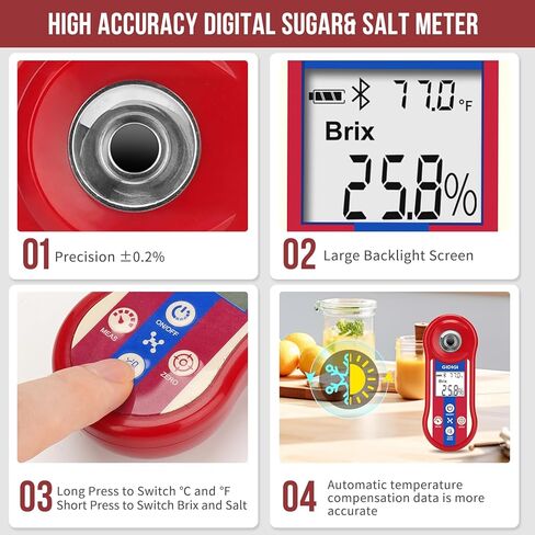 Digital Brix & Salinity Refractometer, Smart Sugar Test 0.0-60%,Salt Refractometer for Saltwater 0.0-24% with ATC,Portable Brix Tester Brix Meter for Fruit,Wine&Beer Brewing,Juice,Coffee in Kuwait