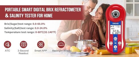 Digital Brix & Salinity Refractometer, Smart Sugar Test 0.0-60%,Salt Refractometer for Saltwater 0.0-24% with ATC,Portable Brix Tester Brix Meter for Fruit,Wine&Beer Brewing,Juice,Coffee in Kuwait
