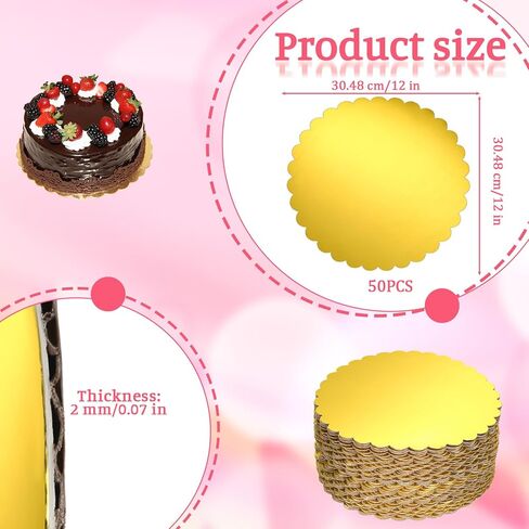 50 Pack Gold Cake Boards 12 Inch Round Disposable Cake Circle Base Board Valentine's Day Cakes Cardboard Rounds Scallop Edge Grease Proof Coated Plate for Wedding Christmas Birthday Dessert in Saudi Arabia