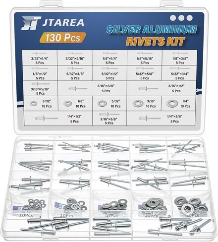 16Sizes Pop Rivets Kit 3/32 1/8 5/32 3/16 1/4 Inch Silver Aluminum Blind Rivet Assortment Set with Stainless Steel Washers (Pack of 130PCS) in Saudi Arabia